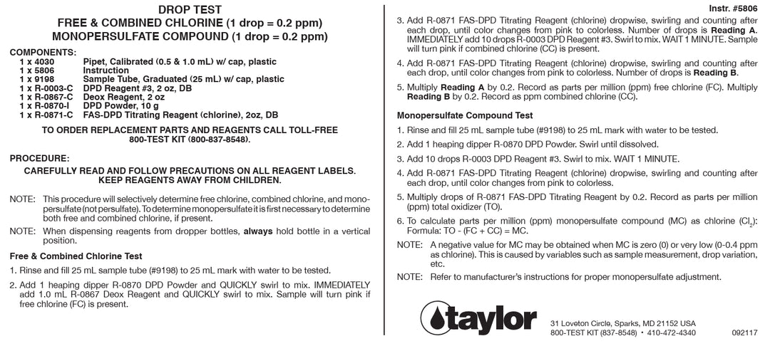 Taylor 5806 Directions For Drop Test, Chlorine FAS-DPD/Monopersulfate Deox